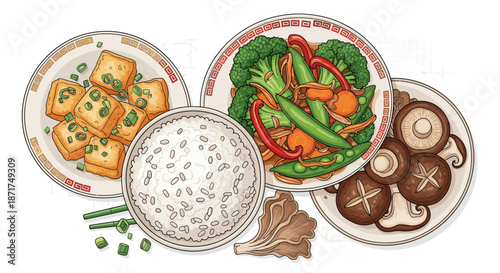 Delicious assortment of Asian cuisine dishes including rice, tofu, vegetables, and mushrooms, perfect for culinary exploration