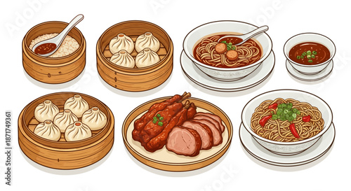 A delightful selection of traditional Chinese dishes, including steamed dumplings, roasted duck, noodle soup, and rice, perfect for restaurant menus or culinary designs