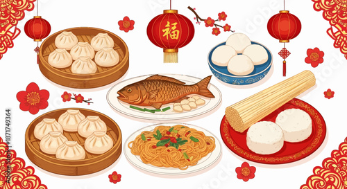 Vibrant Chinese New Year Celebration Featuring Traditional Foods and Festive Decorations