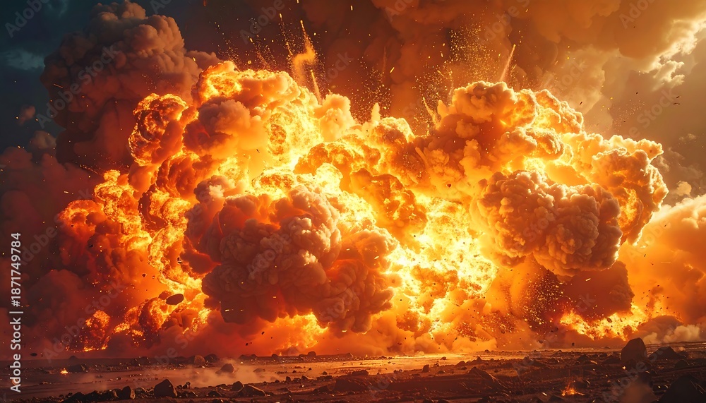 Obraz premium Large, fiery explosion erupts in the sky, clouds and debris seen