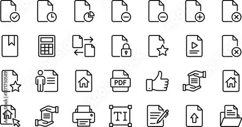 Document file action icons set featuring add delete edit share lock PDF print home star elements, cad drawing flat vector illustration