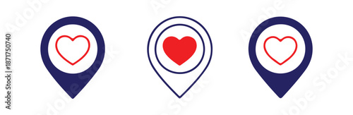 Heart map pointer icons for location tagging and dating app interface design in blue and red colors