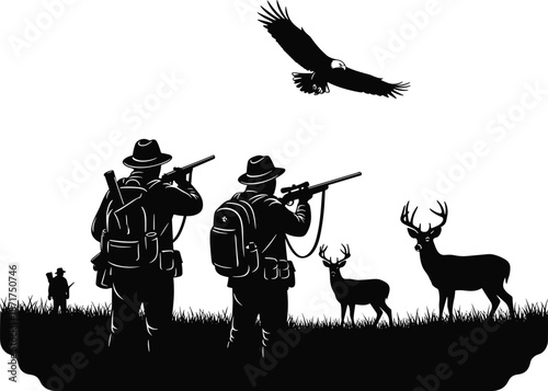 Black and white hunting silhouette illustration featuring hunters with rifles, deer in meadow, eagle flying overhead, outdoor wildlife sport scene.