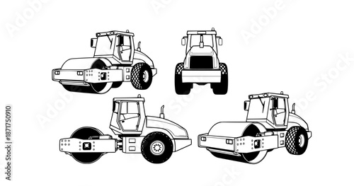 Compilation of Illustrations of a Steamroller Construction Vehicle from Multiple Angles