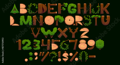 Cartoon wooden log font, wood stump and bush typeface, timber type letters, forest trunk alphabet with tree inspired leafy and bark textures. Vector eco themed, nature or environmental abc script