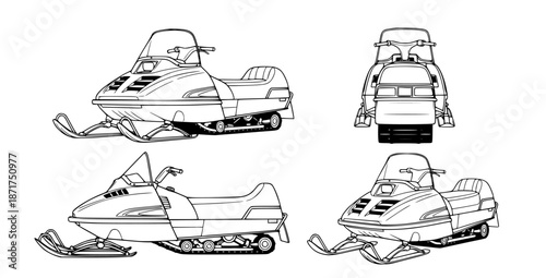 Technical line art illustration presenting a snowmobile from various angles isometric, side, front, and rear, ideal for engineering design and conceptual blueprints