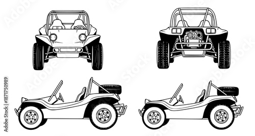 Detailed line art collection presenting various perspectives of a classic off-road dune buggy, capturing its dynamic design and adventurous spirit for diverse graphic projects