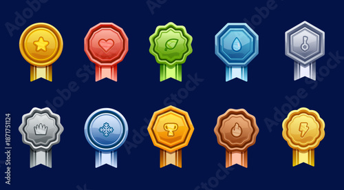Game rank badge shields, level achievement medals with skills, vector UI icons. Cartoon gold award, silver medal, bronze game rank badges with star, heart, trophy and fire, metal crown and key