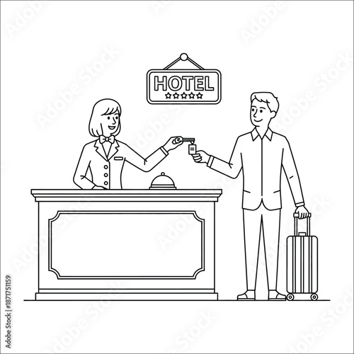 Woman at hotel reception handing key card to man with luggage