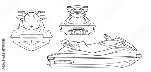 Detailed multi-view engineering blueprint illustration of a modern hovercraft or air-cushion vehicle, showcasing its design from front, side, and top perspectives in a precise technical drawing style 