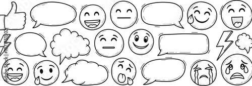 Hand drawn doodle set of emoticons, speech bubbles, thumbs up, and lightning bolts for social media communication, isolated on white.
