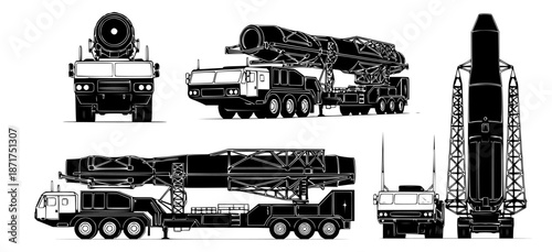 Detailed technical illustration of a powerful heavy-duty military transporter erector launcher vehicle, showcasing a strategic missile system from various precise engineering viewpoints