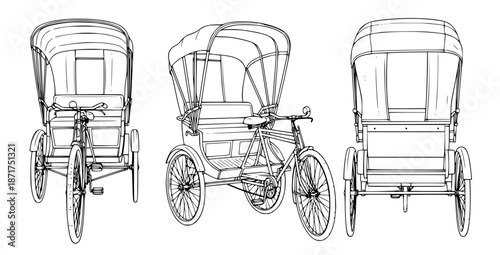Three-sided illustration of a cycle rickshaw, showcasing its front, side, and rear views for detailed understanding of its structure
