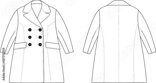 Double breasted overcoat flat sketch, technical fashion drawing, vector illustration, coat design template, apparel CAD drawing, garment construction fashion design