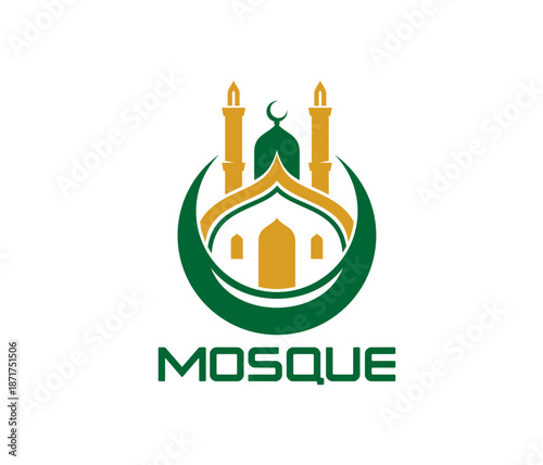 Arab muslim mosque abstract icon or sign. Islamic culture spiritual icon, Islam mosque center graphic vector emblem. Arab religion school symbol or Muslim Quran sign with crescent and mosque minarets