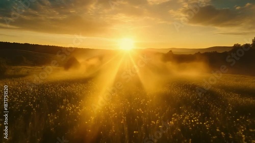 Inspiring cinematic film, a radiant sunrise symbolizing hope and new beginnings. Golden light streams across a serene landscape, representing a fresh start with endless possibilities.