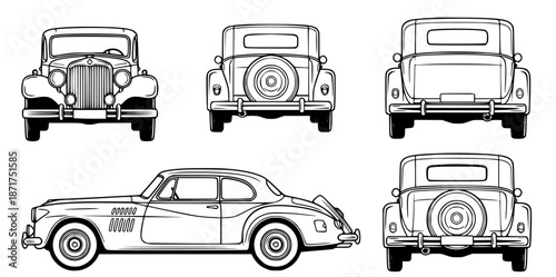 Illustrations of classic vintage cars in line art style. Includes front, side, and rear views of retro automobiles, ideal for design projects and historical themes