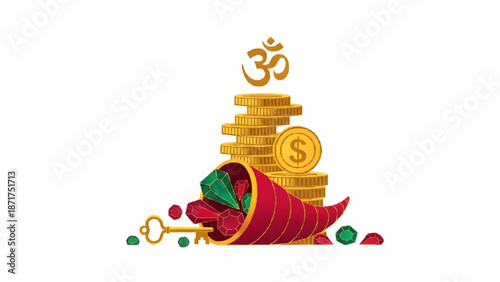 Horn of plenty illustration with gems, key, gold coins, and Om symbol, signifying prosperity and spiritual abundance