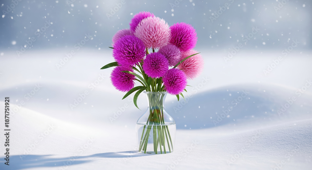 Obraz premium Purple pom pom flower in glass vase on snowy winter field. Vibrant floral bouquet in snow for seasonal contrast concept.