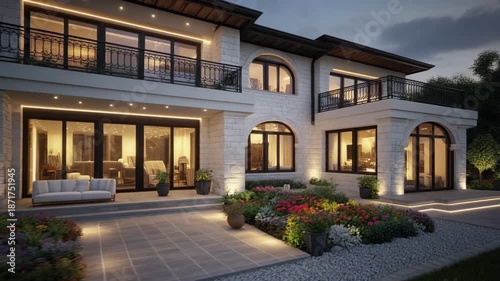 a neoclassical-modern European villa at twilight, three-level luxury residence with soft white stone exterior and refined architectural symmetry. Tall arched glass windows framed in black reveal warm