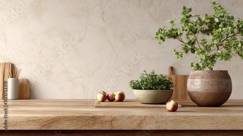 Clean kitchen wood countertop, textured wall, greenery, apples, rustic, warm, earth tones