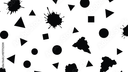 Black and white abstract background pattern featuring scattered ink splashes simple geometric shapes like circles triangles and squares for modern design