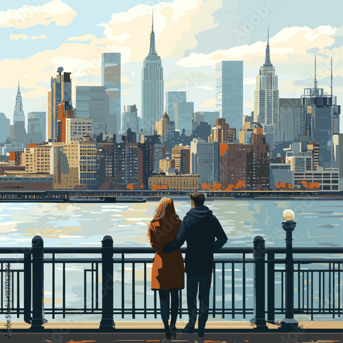 A vector illustration of a couple enjoying the cityscape view of New York City from a waterfront promenade , vector style simple color