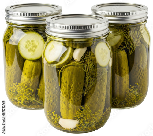 Three glass jars filled with pickled cucumbers and fresh dill isolated with transparent background