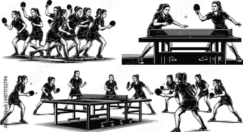 Set of black and white table tennis illustrations, female players playing ping pong match, sports competition vector icons, isolated silhouettes.