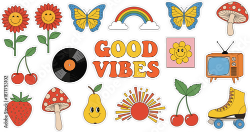 Set of retro hippie stickers, vintage aesthetic icons including rainbows butterflies and flowers, good vibes groovy colorful flat vector illustrations.