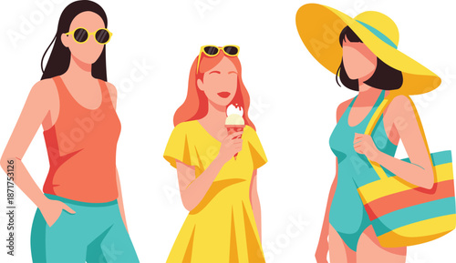 Three young women in summer fashion outfits including swimwear and sun hat, eating ice cream and wearing sunglasses, vector illustration.