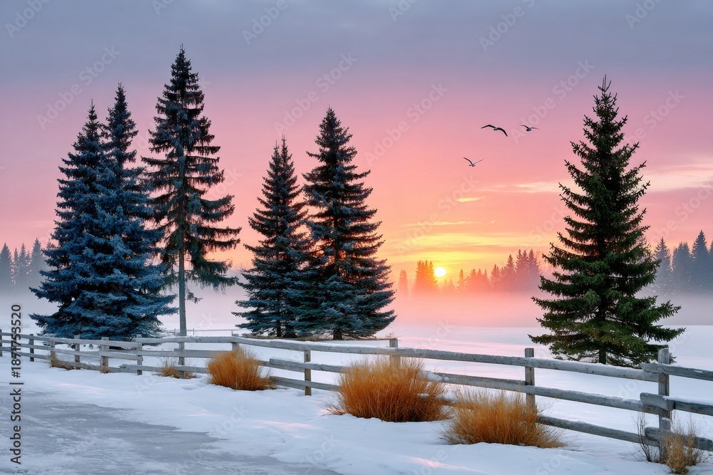 Obraz premium Winter sunrise over snowy forest and wooden fence