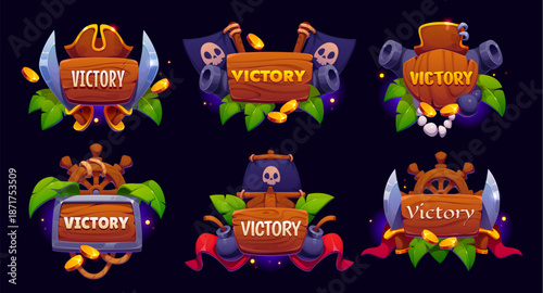 Pirate game victory award icons, vector UI asset. Cartoon winner trophy badges with corsair ship, wheel and captain hat, treasure gold, skull black flags and sail. Piracy game victory shield icons