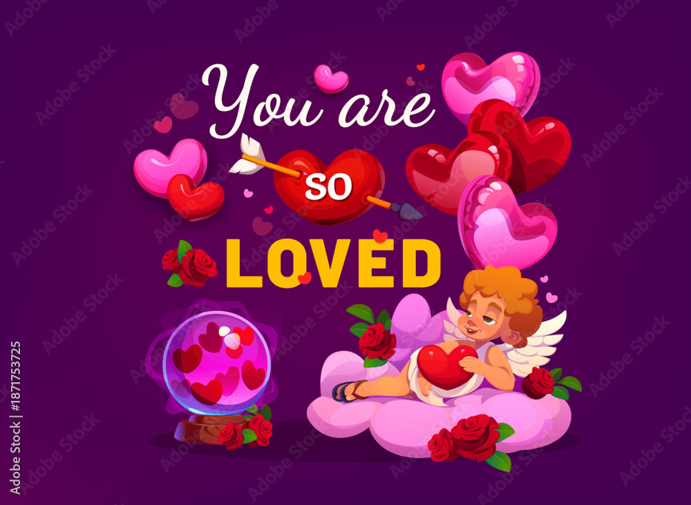 Naklejka premium You are so loved Valentines Day holiday quote. Vector typography of Valentine love card with cartoon romantic holiday gifts and cherub Cupid angel character, pierced heart, balloons and cute quote