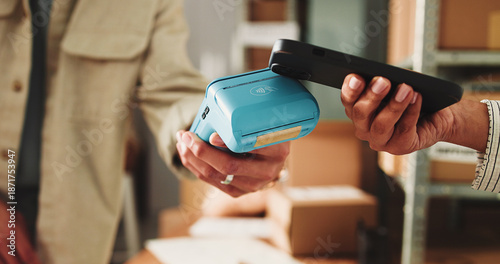 Photos Ecommerce, hands and phone with POS machine for transaction, fintech payment and customer purchase