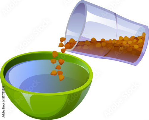 Dry buckwheat being poured from a transparent glass into a green vector bowl with water, depicting the process of rinsing grains before cooking as part of food preparation in a kitchen environment