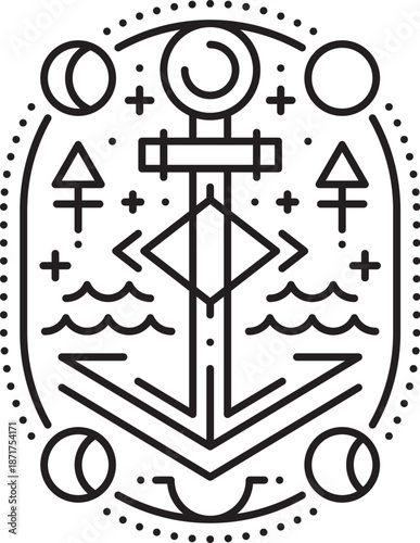 Pirate ship or vessel anchor esoteric line symbol. Buccaneer nautical sacred thin line vector print, corsair pirate esoteric linear symbol. Filibuster marine tarot sign with sailing anchor and waves