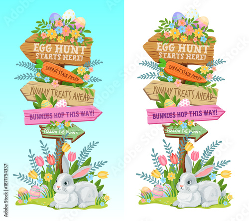 Easter wooden sign board, Easter eggs hunting signage. Vector signboard with callouts for treats and decorations, surrounded by flowers, eggs and bunny, convey celebration, joy and seasonal excitement