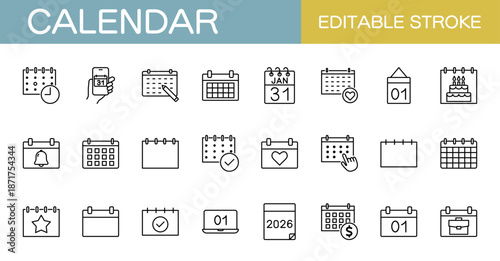 カレンダーのアイコンセット・スケジュール、イベントなど（線幅変更可能）