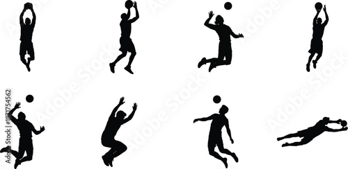 Volleyball Player Silhouettes – Serving, Spiking, Blocking & Diving Actions