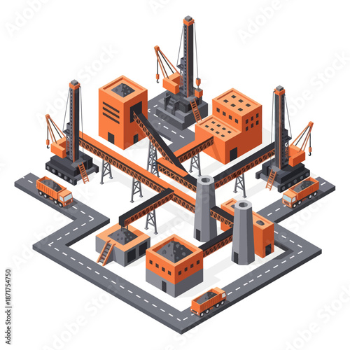Isometric Construction Site with Buildings and Cranes.