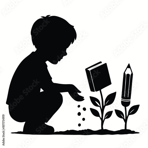 Silhouette of Child Planting Seeds Growing into Books and Pencils – Concept of Early Education, Investing in the Future, and Creative Growth