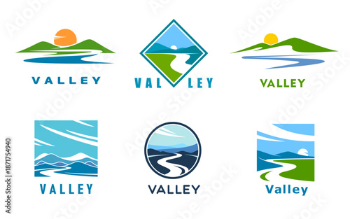 Mountain river valley icons, vector nature, outdoor adventure and summer camp. Mountain river valley landscapes with water stream flowing between green hills and snow peaks isolated symbols set