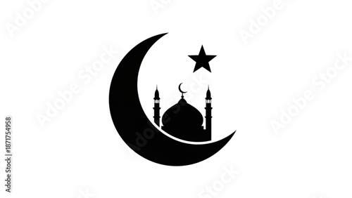 Islamic crescent moon star and mosque silhouette symbol for ramadan or eid al fitr celebration on white background with Islamic symbol and Muslim
