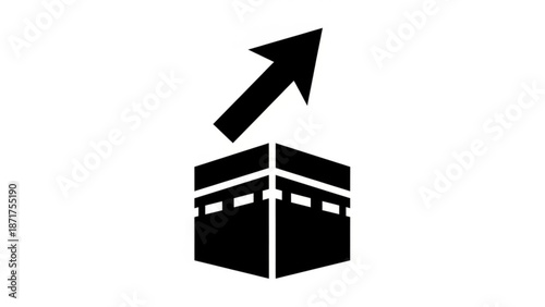 Black silhouette of kaaba with upward arrow symbolizing spiritual growth and islamic pilgrimage concept with Mecca and Hajj and Umrah and spirituality