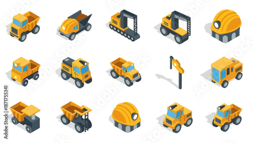 Collection of Yellow Construction Vehicles Isometric Illustrations.