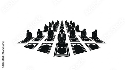 Silhouette of a group of people sitting on prayer mats in a mosque for islamic prayer with Religious and Worship and Faith and Spiritual and Muslim
