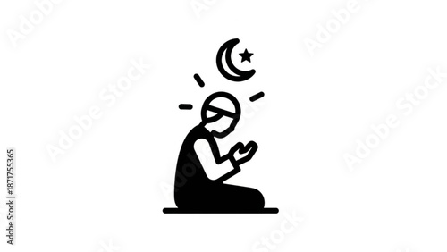 A man sits in a meditative pose under a crescent moon and star symbolizing spirituality and mindfulness in a simple black and white illustration style