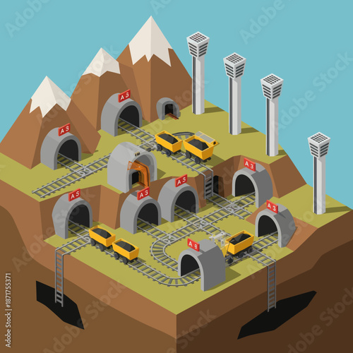 Underground Tunnel System with Yellow Vehicles.