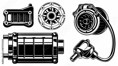 Detailed black and white illustrations of various mechanical parts and tools